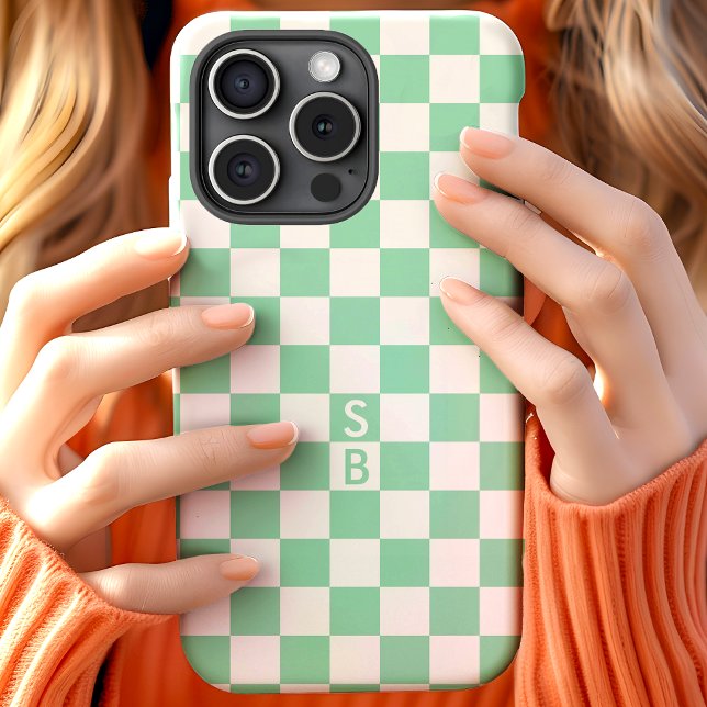 Monogrammed Mint And White Chequerboard Pattern Case-Mate iPhone Case (Creator Uploaded)