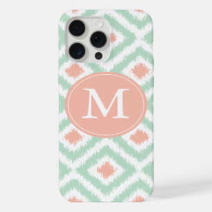 Monogrammed Mint Coral Diamond Ikat Pattern iPhone Case