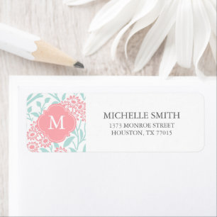 Monogrammed Mint Coral Floral Damask Pattern Return Address Label