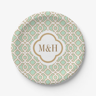 Monogrammed Mint Green and Gold Moroccan Wedding Paper Plate