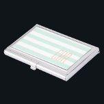 Monogrammed Mint Green Coral Horizontal Stripes Business Card Holder<br><div class="desc">monogrammed/monogram initial/three letters,  mint green/coral colour/tone/shade combinations,  mint/white horizontal stripes/striped/geometric/seamless pattern,  custom/personalised/customised/customisable/personalizable text template,  simple/trendy/girly/feminine/elegant/clean/modern/stylish design,  business woman.
 
 Monogrammed initials design,  by red_dress,  featuring a mint green and white horizontal stripes pattern and three letter monogram initials,  in coral colour. Easily personalise with your own initials.</div>