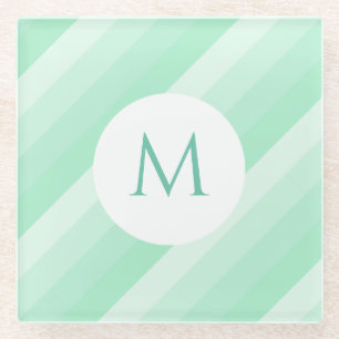Monogrammed Mint Green Striped Modern Template Glass Coaster