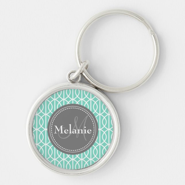 Monogrammed Mint Grey Moroccan Ogee Pattern Key Ring (Front)