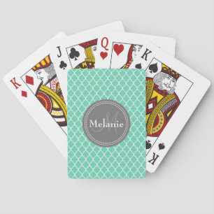 Monogrammed Mint White Moroccan Lattice Pattern Playing Cards