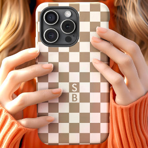 Monogrammed Mocha And White Chequerboard Pattern iPhone 15 Case