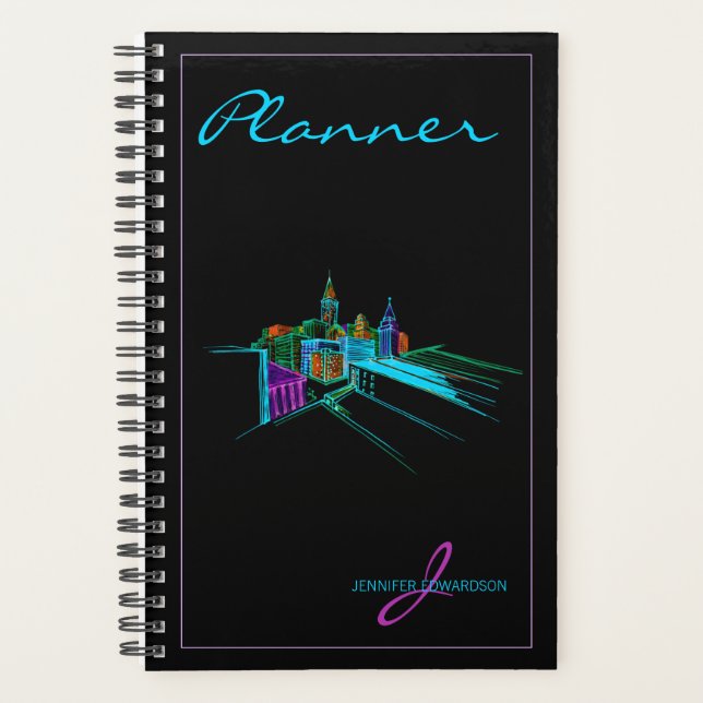 Monogrammed Modern Black Elegant Vibrant City Plan Planner (Front)
