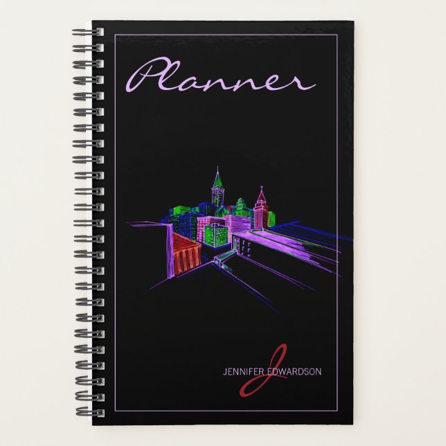 Monogrammed Modern Black Elegant Vibrant City Planner (Front)