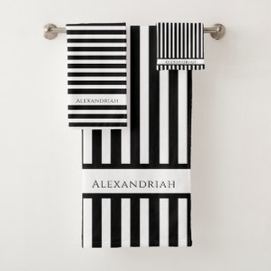 Monogrammed Modern Black White stripes bathroom Bath Towel Set