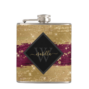 Monogrammed Modern Burgundy Gold Script Hip Flask