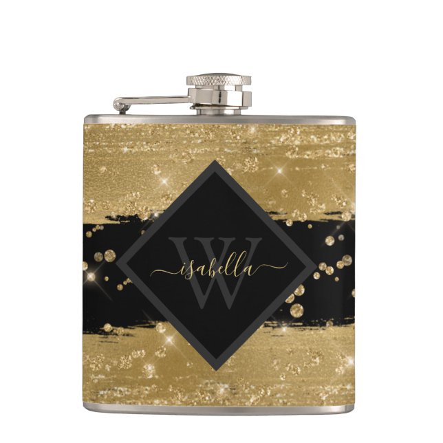 Monogrammed Modern Glitter Script Hip Flask (Front)