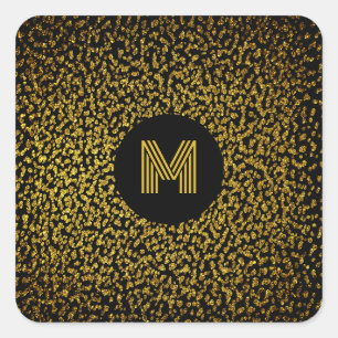 Monogrammed modern golden dots black square sticker