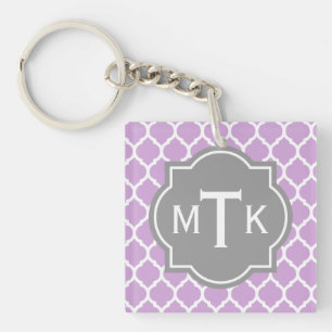 Monogrammed Modern Grey and Lilac Lattice Pattern Key Ring