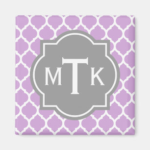 Monogrammed Modern Grey and Lilac Lattice Pattern Magnet