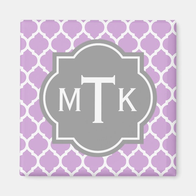 Monogrammed Modern Grey and Lilac Lattice Pattern Magnet (Front)