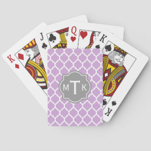 Monogrammed Modern Grey and Lilac Lattice Pattern Playing Cards