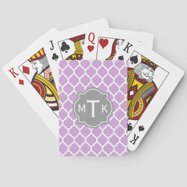 Monogrammed Modern Grey and Lilac Lattice Pattern Playing Cards (Back)