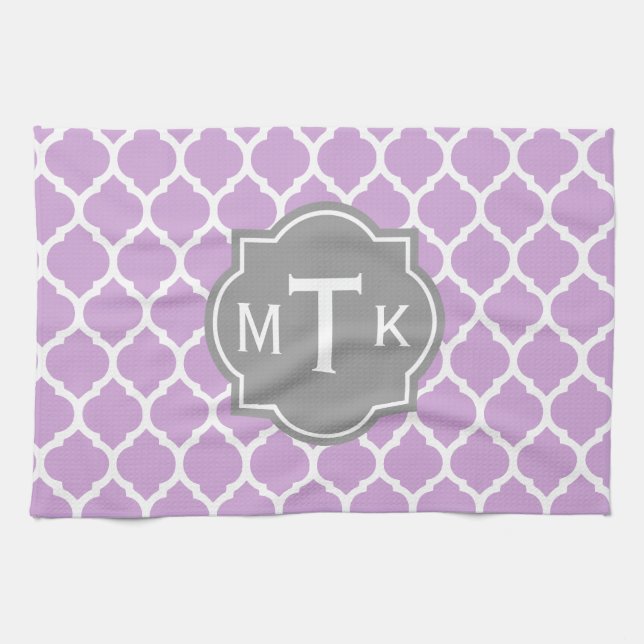 Monogrammed Modern Grey and Lilac Lattice Pattern Tea Towel (Horizontal)