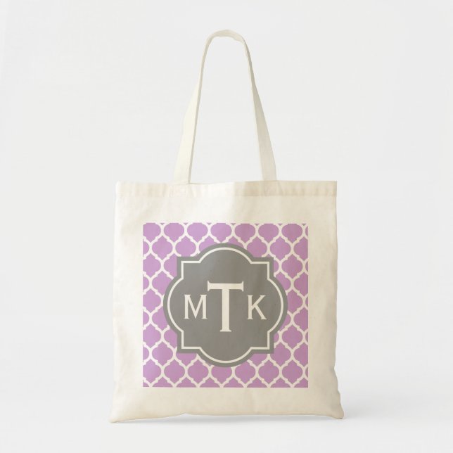 Monogrammed Modern Grey and Lilac Lattice Pattern Tote Bag (Front)
