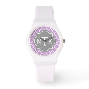 Monogrammed Modern Grey and Lilac Lattice Pattern Watch