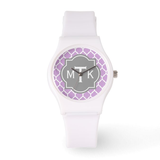 Monogrammed Modern Grey and Lilac Lattice Pattern Watch (Front)