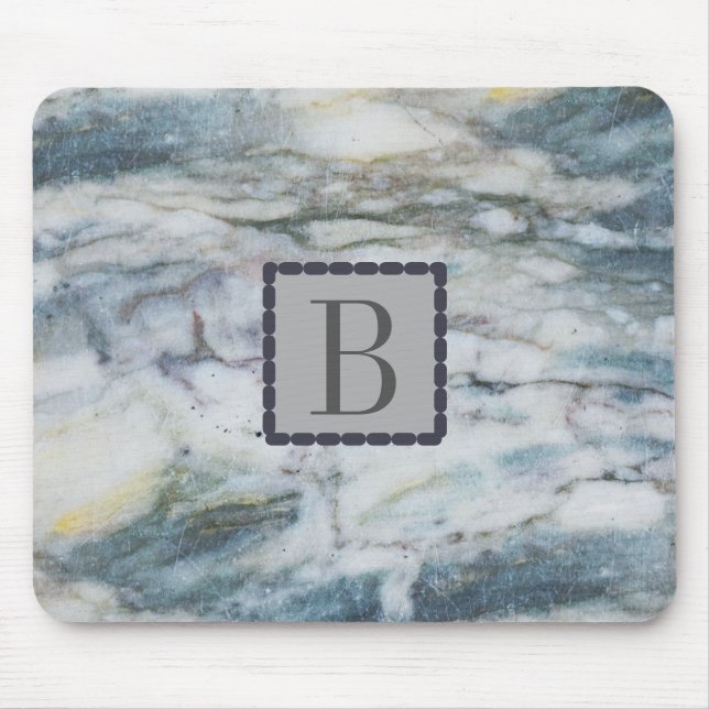 Monogrammed Modern Grey & Blue Marble Texture Mouse Pad (Front)