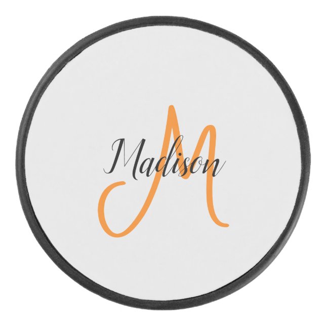 Monogrammed Modern Handwriting Name Initial Hockey Puck (Front)