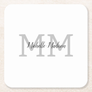 Monogrammed Modern Handwriting Name Initials Square Paper Coaster