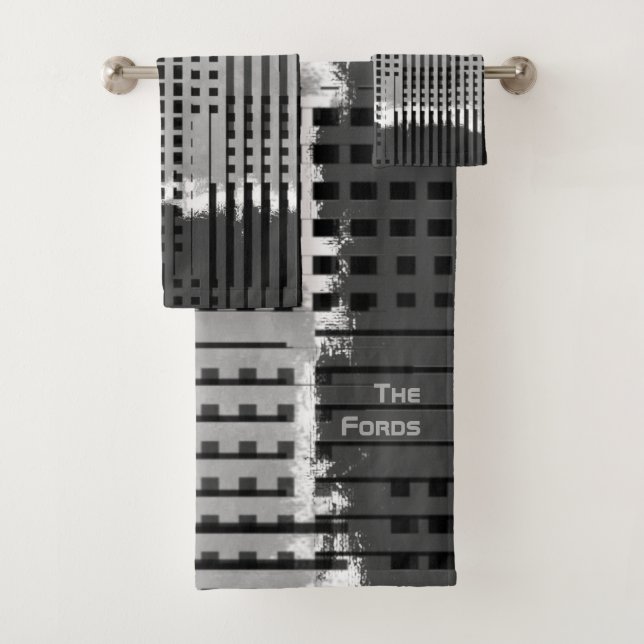 Monogrammed Modern Luxury Grey Abstract Bath Towel Set (Insitu)