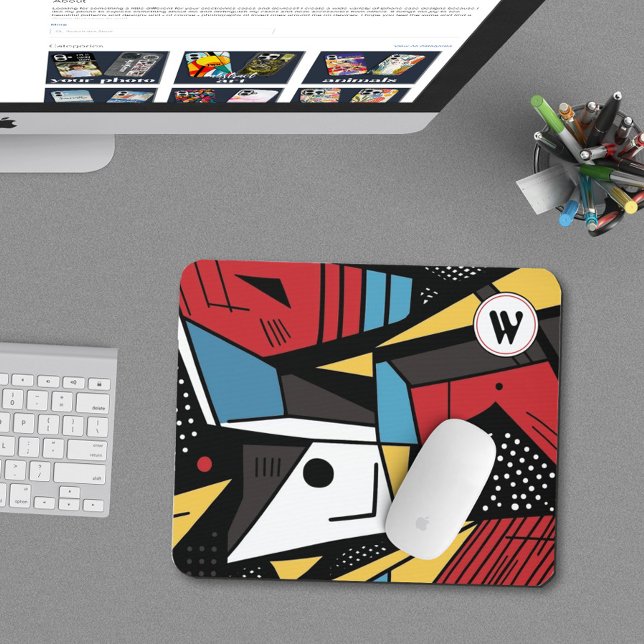 Monogrammed Modern Red & Black Geometric Abstract Mouse Pad (Creator Uploaded)