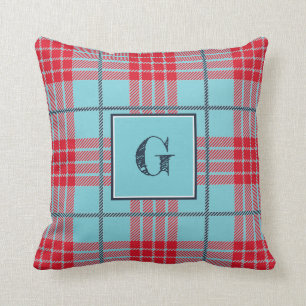 Monogrammed Modern Red Turquoise Plaid Check Cushion