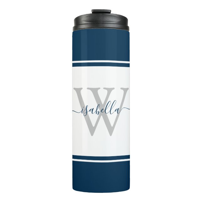 Monogrammed Modern Script Navy Thermal Tumbler (Front)