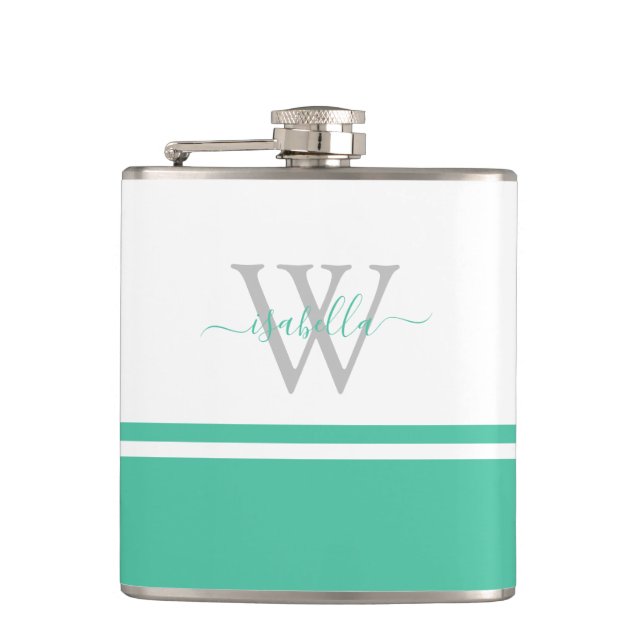 Monogrammed Modern Trendy Script Mint Hip Flask (Front)