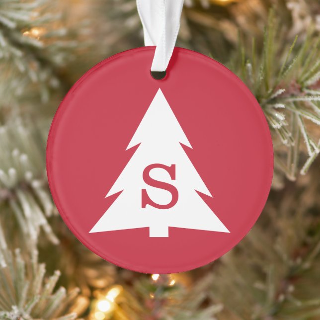 Monogrammed Modern White Christmas Tree on Red Ornament (Tree)
