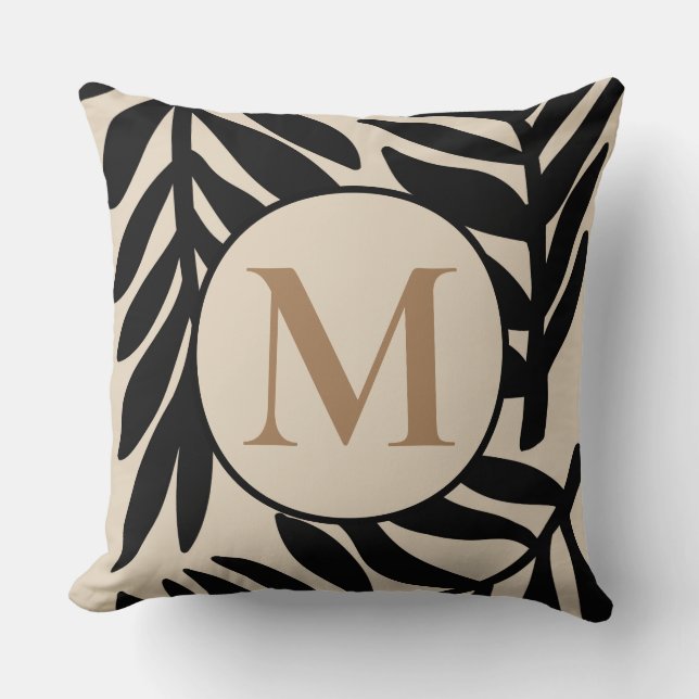 Monogrammed Monochrome Black Palm Leaf Cushion (Front)