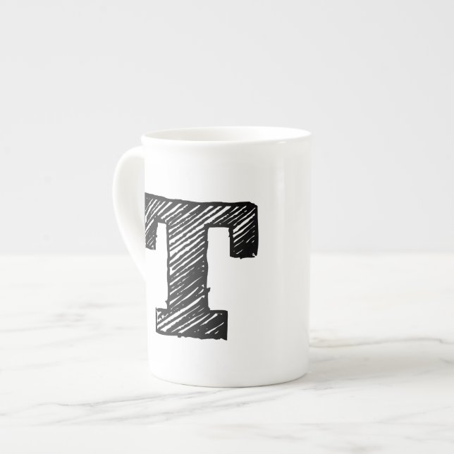 Monogrammed Mug: Letter "T" Bone China Mug (Front Left)