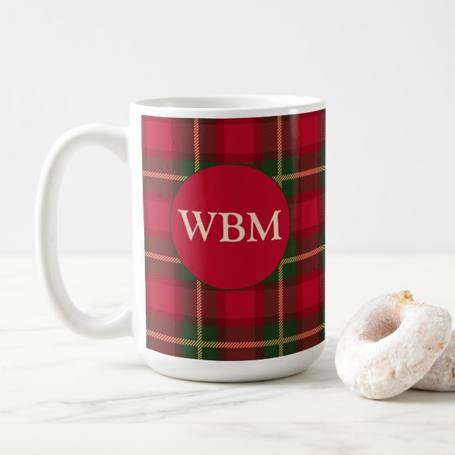 Monogrammed Mug with Red & Black Plaid Design (With Donut)