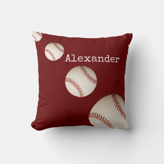 Monogrammed name baseball sport maroon red cushion (Front)