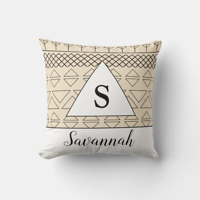 Monogrammed Name Beige  Geometric Pattern Print Cushion (Front)