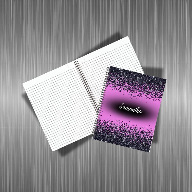 Monogrammed Name Black Glitter on Hot Pink | Notebook (Creator Uploaded)