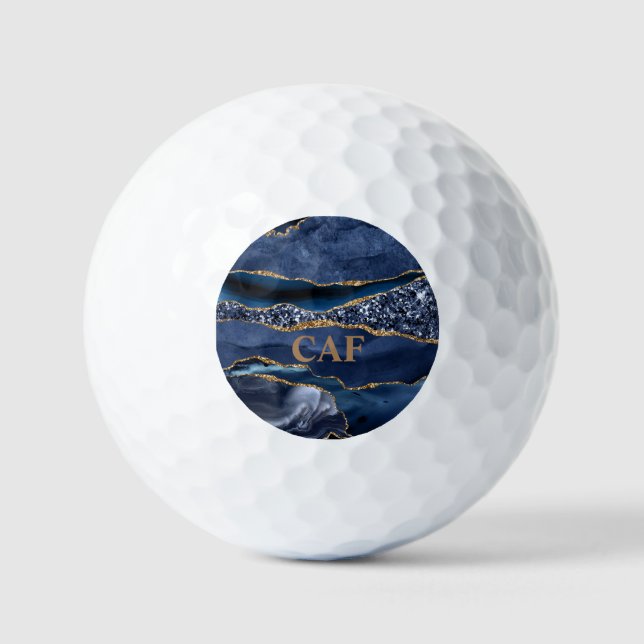 Monogrammed Name Blue Gold Glitter Agate Marble Golf Balls (Front)