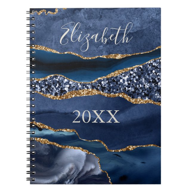 Monogrammed Name Blue Gold Glitter Agate Marble Notebook (Front)