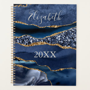 Monogrammed Name Blue Gold Glitter Agate Marble  Planner