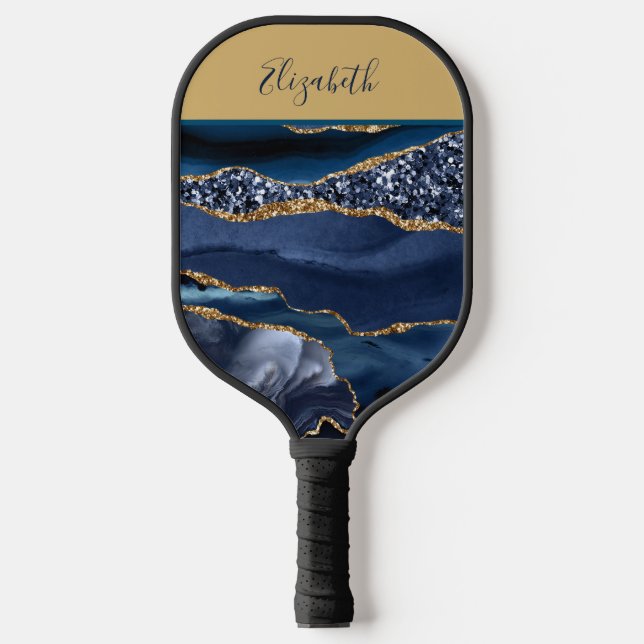 Monogrammed Name Blue Gold Glitter Glam Trendy Pickleball Paddle (Front)