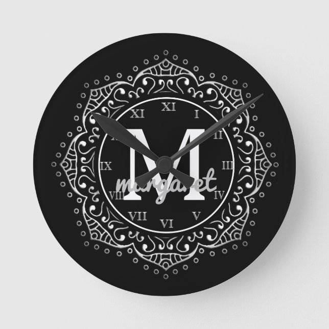 Monogrammed Name Boho Mandala Black Silver Round Clock (Front)