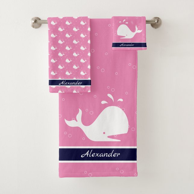 Monogrammed Name Cartoon Whale Navy Blue  Pink Bath Towel Set (Insitu)