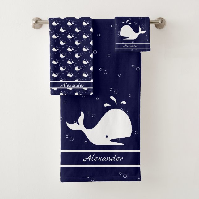 Monogrammed Name Cartoon Whale Navy Blue white  Bath Towel Set (Insitu)