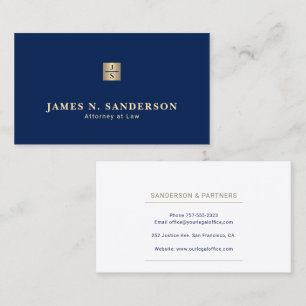 Monogrammed name elegant luxury navy gold lawyer business card