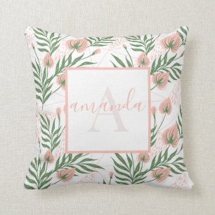 Monogrammed Name Floral Pink Green Pastel Pattern Cushion