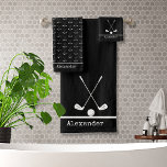 Monogrammed name golfing sports bath towel set<br><div class="desc">Monogrammed name golf golfing sports Black Bath Towel
Golf,  sports , team , coach,  player ,  monogram name  ,  dorm room,  baseball lace stitches</div>