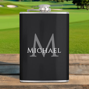 Monogrammed Name Initial Black Gray Custom Hip Flask